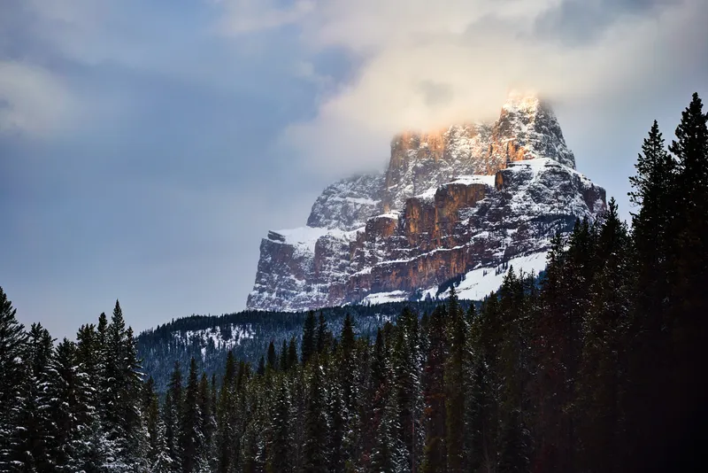 Golden Sun on the tip of Castle Mountain, Alberta, Canada